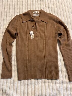Vintage Carl Michaels Men’s Brown V-Neck Ribbed Polo Sweater 1178